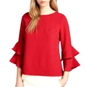 J Crew Shirt Women 00 Petite Red Crepe Lana Tiered Bell Sleeve Blouse NWT Preppy